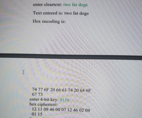 enter cleartext: two fat dogs Text entered is: two fat dogs Hex encoding is: 74 77 6F 20 66 61 74 20 64 6F 67 73 enter 4-bit