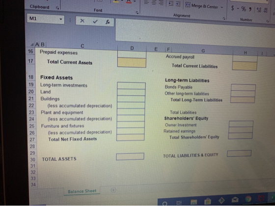 Clipboard Merge & Center - $ - % 9 Alignment M1 X ✓ Number for E HAB 16 Prepaid expenses 17 Total Current Assets Accrued payr