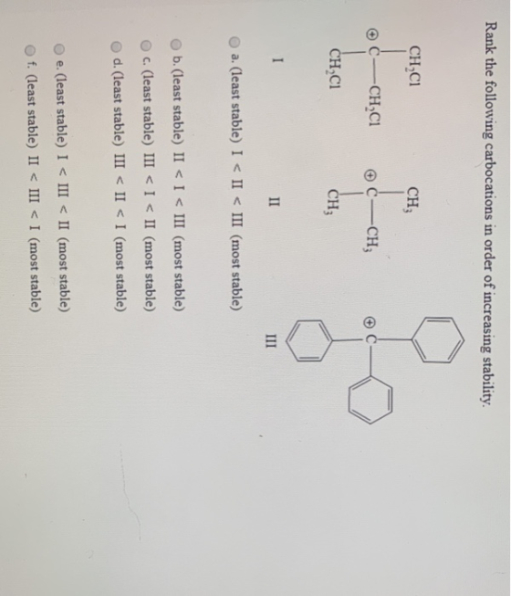 Rank the following carbocations in order of increasing stability. CHCI CH -CHCI C–CH CH C1 CH I II III a. (least stable) I <