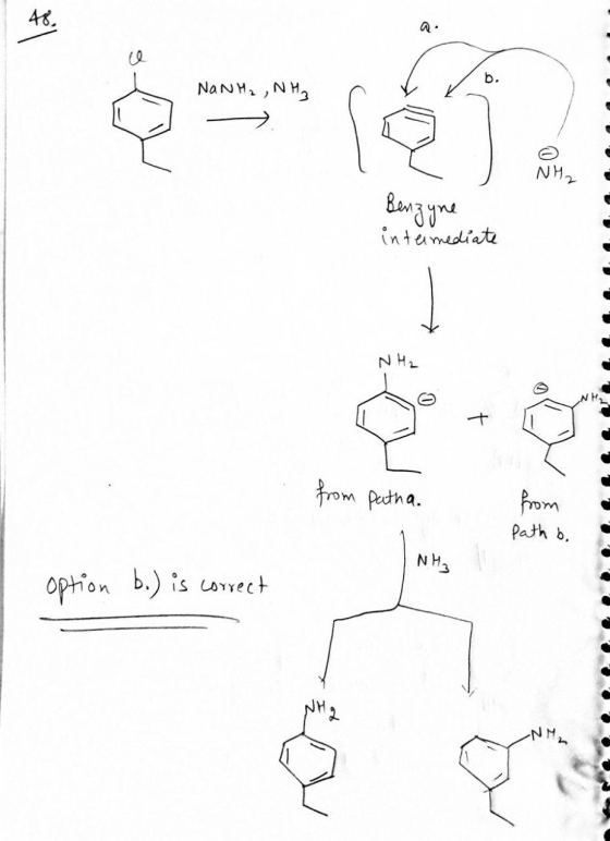 48. a b. NaN M₂NH₂ NH₂ Benzyne intermediate NH₂ from patha. from path b. NH₂ option b.) is correct -NM
