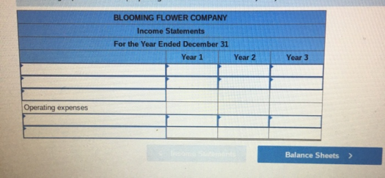 BLOOMING FLOWER COMPANY Income Statements For the Year Ended December 31 Year 1 Year 2 Year 3 Operating expenses Balance Shee