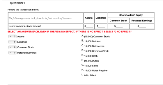 QUESTION 1 Record the transaction below Shareholders Equity The following events took place in its first month of business Assets Liabilities Common StockRetained Earnings Issued common stock for cash SELECT AN ANSWER EACH, EVEN IF THERE IS NO EFFECT. IF THERE IS NO EFFECT, SELECT O NO EFFECT. Assets Liabilities -Common Stock A (15,000) Common Stock B. 15,000 Dividend C. 15,000 Net Income 15.000 Common Stock E. 15,000 Cash r. (15,000) Cash G. 15,000 Sales H. 15,000 Notes Payable Retained Earnings 0 No Effect