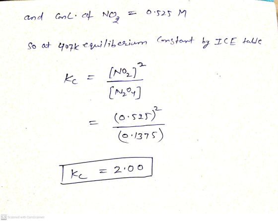 and Conc. of No 0.525 M So at Gork equiliberiam constant by ICE talde 2 Kc = (NO2) [Noy (0.525) (0.1375) Tk ke = 2:00 CS Scan