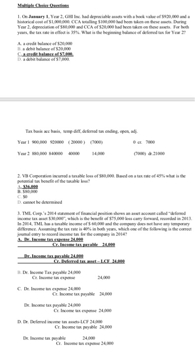Multiple Choice Questions 1. On January 1, Year 2, GHI Inc. had depreciable assets with a book value of $920,000 and a histor