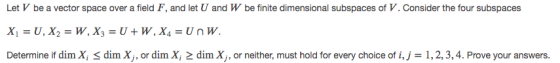 Let V be a vector space over a field F, and let U and W be finite dimensional subspaces of V. Consider the four subspaces X1