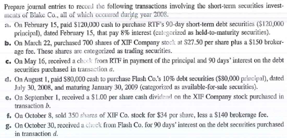 Prepare journal entries to record the following transactions involving the short-term securities invest- ments of Blake Co.,