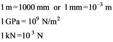 1m=1000 mm or 1 mm=10-m
1 GPa= 10 N/m2
1 kN=103N
