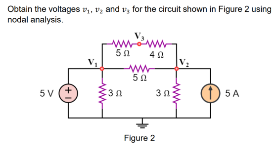 Obtain the voltages V1, V2 and v3 for the circuit shown in Figure 2 using nodal analysis. 512 412 512 5v ^ {31 32 ( 5A Figure