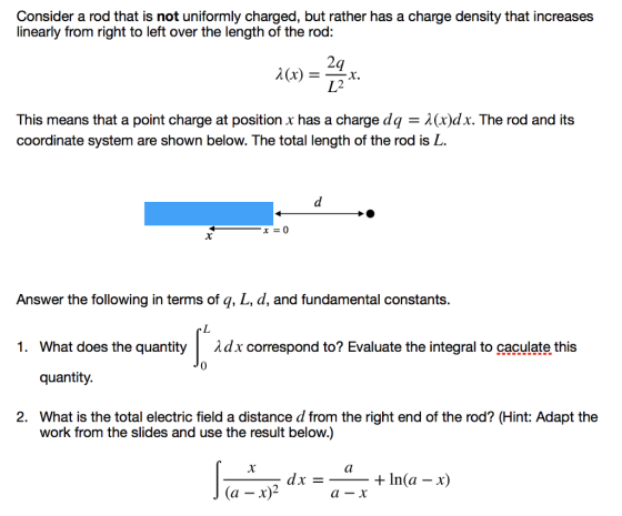 Consider a rod that is not uniformly charged, but rather has a charge density that increases linearly from right to left over the length of the rod: 2q λ(x) = x. L2 This means that a point charge at position x has a charge dq-λ (x)dx. The rod and its coordinate system are shown below. The total length of the rod is L. Answer the following in terms of q, L, d, and fundamental constants. λ dx correspond to? Evaluate the integral to caculate this What does the quantity quantity. What is the total electric field a distance d from the right end of the rod? (Hint: Adapt the 1. 2. work from the slides and use the result below.) (a -x)2 a-x