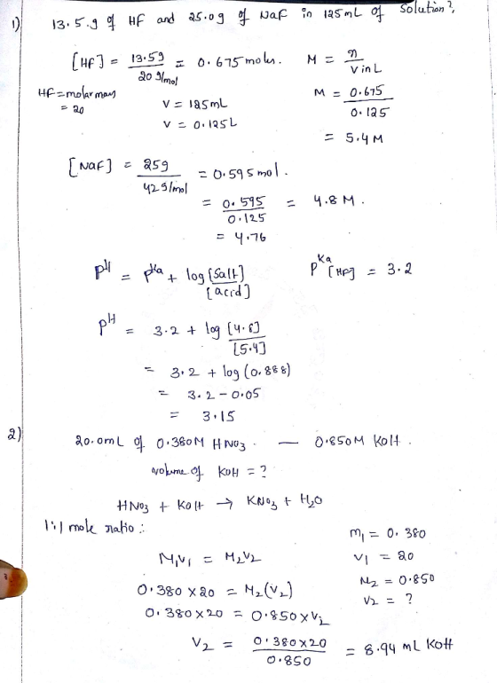 olution 3-5-3 억 HF and aS.o 3.59 V in L mo M=0,675 5-4 м mo = O. 575 = 4,8 M. O,125 iacrd) 3.2 + log 14-钉 [54] =3-15 a) O ESo