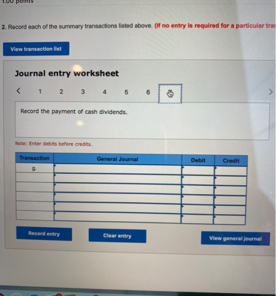 1.00 points 2. Record each of the summary transactions listed above. (If no entry is required for a particular trai View tran