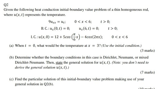Q2 Given the following heat conduction initial-boundary value problem of a thin homogeneous rod, where u(x, t) represents the