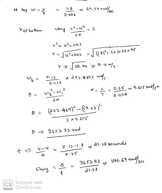 A top wa = 1.8 » 69.23 rad/sec 0.06 20 Vat bottom using v2 was v² u²_zas v=Ju²tzas = J (1.83² + 2x 0.25 +95 vs J50.24 37.12 m