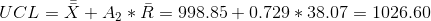 UCL = \bar {\bar X} + A_2*\bar R = 998.85 + 0.729*38.07 = 1026.60
