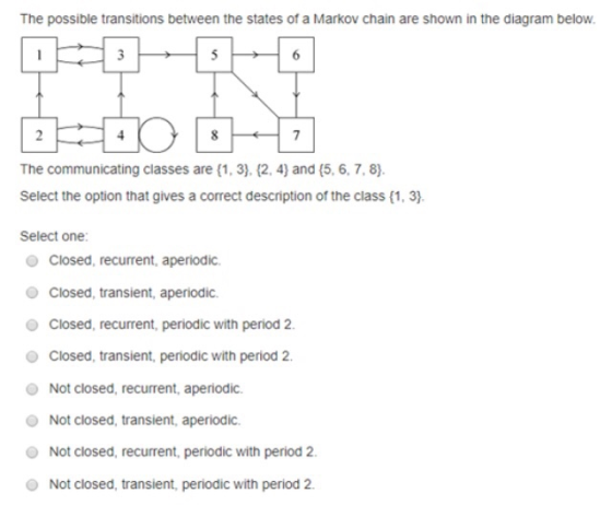 The possible transitions between the states of a Markov chain are shown in the diagram below 847 The communicating classes are (1, 3), (2, 4) and (5, 6, 7,8) Select the option that gives a correct description of the class (1, 3. Select one O Closed, recurrent, aperiodic O Closed, transient, aperiodic. O Closed, recurrent, periodic with period 2 O Closed, transient, periodic with period 2 Not closed, recurrent, aperiodic. Not closed, transient, aperiodic. Not closed, recurrent, periodic with period 2 Not closed, transient, periodic with period 2