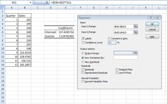 B11 f =$E$6+$E$7*A11 А B с D E F G H J K L 1 2 Quarter Sales ? X 3 1 162 Regression Input Input Y Range: 4 2 199 OK $B$2:$B$1