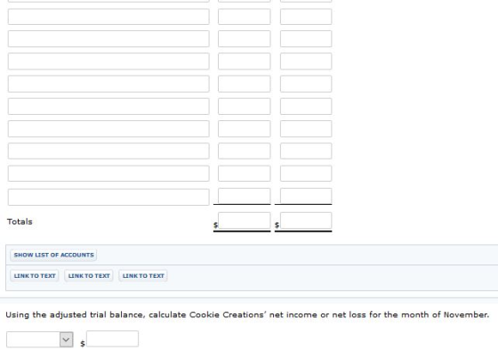 Totals SHOW LIST OF ACCOUNTS LINK TO TEXT LINK TO TEXT LINK TO TEXT Using the adjusted trial balance, calculate Cookie Creati