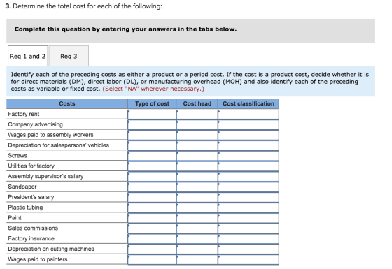 3. Determine the total cost for each of the following: Complete this question by entering your answers in the tabs below. Req