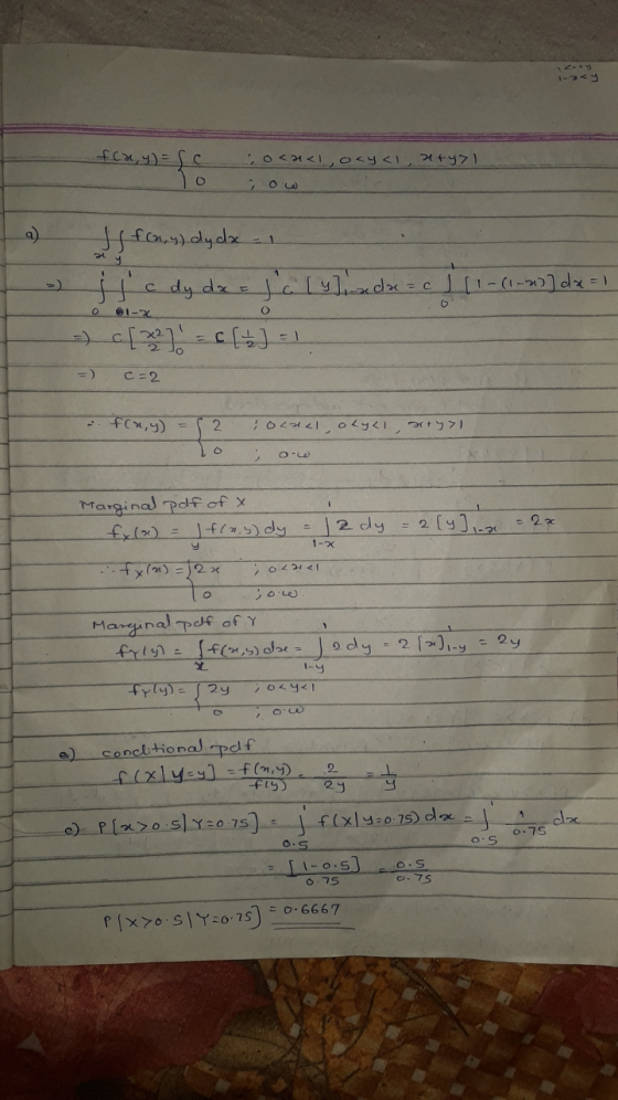 fca, y) = 5c 0<x<1, ocy<1, 1+471 a) sfony) dy dx , » Hic dy dx = faly.doc = c [-(-20) dx = 1 -) C[ 321-C1) = 1 =) c=2 o bl-x