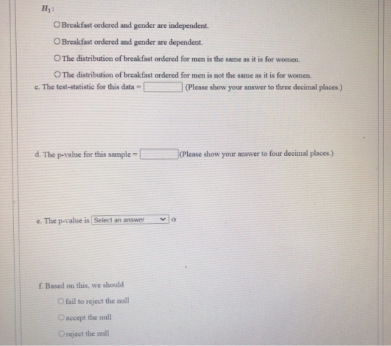 H: O Breakfast ordered and gender are independent. Breakfast ordered and gender are dependent. The distribution of breakfast