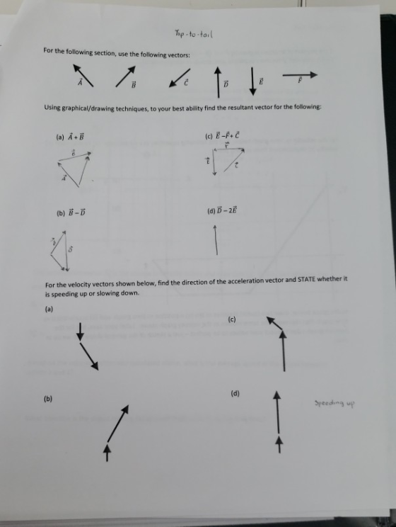 Tip-to tail For the following section, use the following vectors: Using graphical/drawing techniques, to your best ability find the resultant vector for the following: (a) A+B (d) D-2E For the velocity vectors shown below, find the direction of the acceleration vector and STATE whether it is speeding up or slowing down. Speeding wp