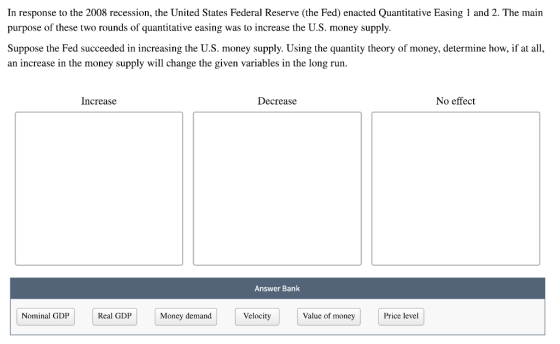 In response to the 2008 recession, the United States Federal Reserve (the Fed) enacted Quantitative Easing 1 and 2. The main purpose of these two rounds of quantitative easing was to increase the U.S. money supply. Suppose the Fed succeeded in increasing the U.S. money supply. Using the quantity theory of money, determine how, if at a an increase in the money supply will change the given variables in the long run. Increase Decrease No effect Answer Bank Nominal GDP Real GDP Money demand Velocity Value of money Price level