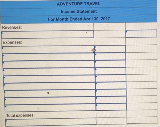 ADVENTURE TRAVEL Income Statement For Month Ended April 30, 2017 Revenues: Expenses: Total expenses