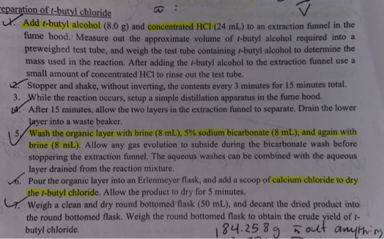 eparation of t-butyl chloride Add t-butyl alcohol (8.0 g) and concentrated HCI (24 mL) to an extraction funnel in the fume ho