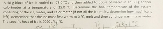 A 40-g block of ice is cooled to -78.0 oC and then added to 560-g of water in an 80-g copper calorimeter at a temperature of 25.0 oC. Determine the final temperature of the system consisting of the ice, water, and calorimeter (if not all the ice melts, determine how much ice is left). Remember that the ice must first warm to 0 oC, melt and then continue warming as water The specific heat of ice is 2090 J/kg-oC.