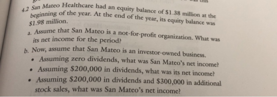 4.2 San Mateo Healthcare had an equity balance of $1.38 million at the beginning of the year. At the end of the year, its equ