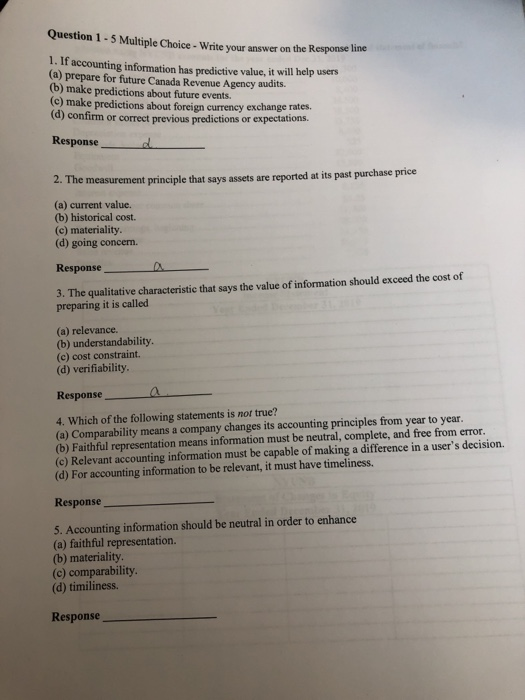 Question 1 - 5 Multiple Choice - Write your answer on the Response line 1. If accounting information has predictive value, it