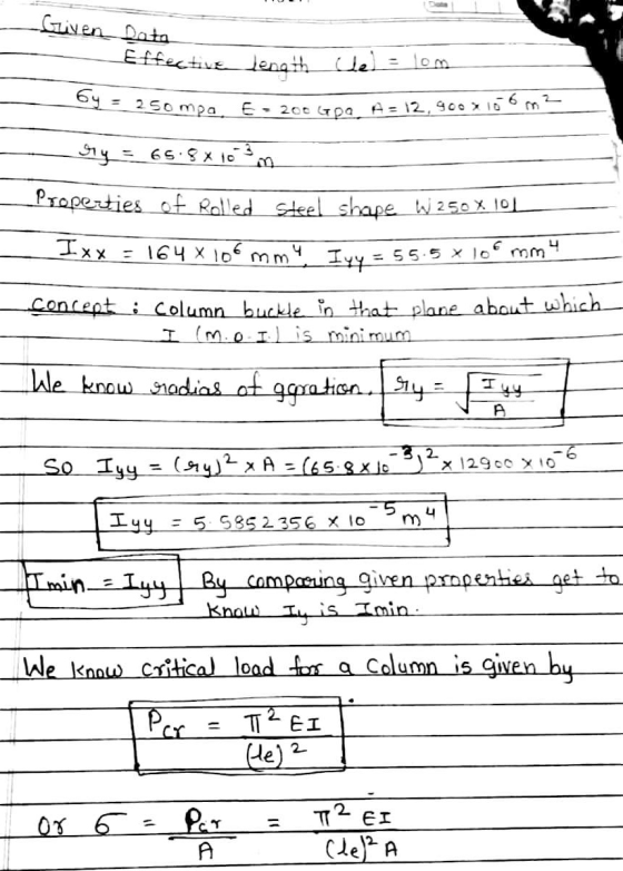 Given Data Effective length Chel by = 250 mpa. E = 200 GPO A= 12,900 x 106 m2 Gry = 65.9x103 Properties of Rolled steel shape