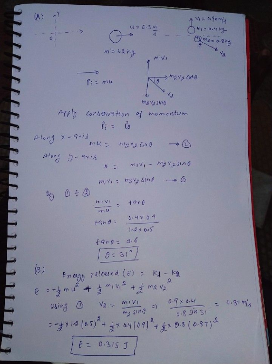 u= 0.5m > Sm Vi= c.gomis ) m = 0.4 kg me= 0.8kg m = 1.2kg va Miv hava Coso Pi= mu 8 mova sind Apply corsovation of momentum A