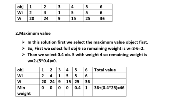 obj 2 3 4 5 Wi 2 4 5 5 6. Vi 20 24 9. 15 25 36 2.Maximum value > In this solution first we select the maximum value object fi
