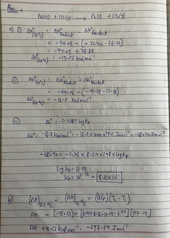 Ant Pho(s) + (0 () Pb (6) + (0,(9) → a) Onto Defesa AH Product Reacket -94.05 - (- 52.40.-26.42) -94.05 + 78-82 -15.23 kcal m
