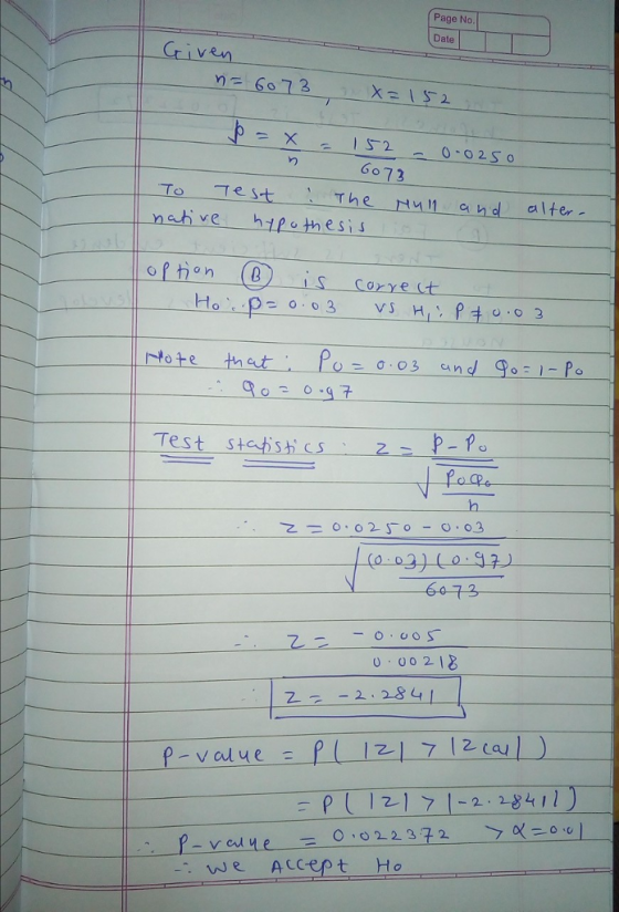 Page No. Date Criven 6072 do 73 The n and alfer nahve hifothesis ofhonis corve ct 0-97 乙 U 00 21 2 7 -2.2841 p-value PIz7 12a) P121 71-2 18411 weAcCept Ho