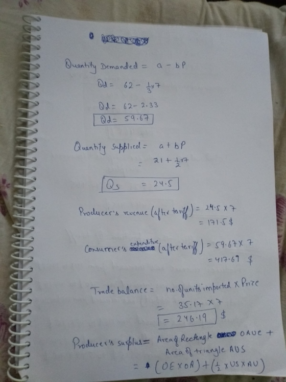 Q QO008 ਇB ARRRRRRRR Quantity Demanded = a-bp. Qd = 62- 4x7 Qd = 62-2.33 | Qd=59.67 Quantity supplied atbp alt txt Qs = 24.5]