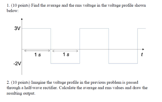 1. (10 points) Find the average and the ims voltage in the voltage profile shown below: 3V . 15 -2V 2. (10 points) Imagine th