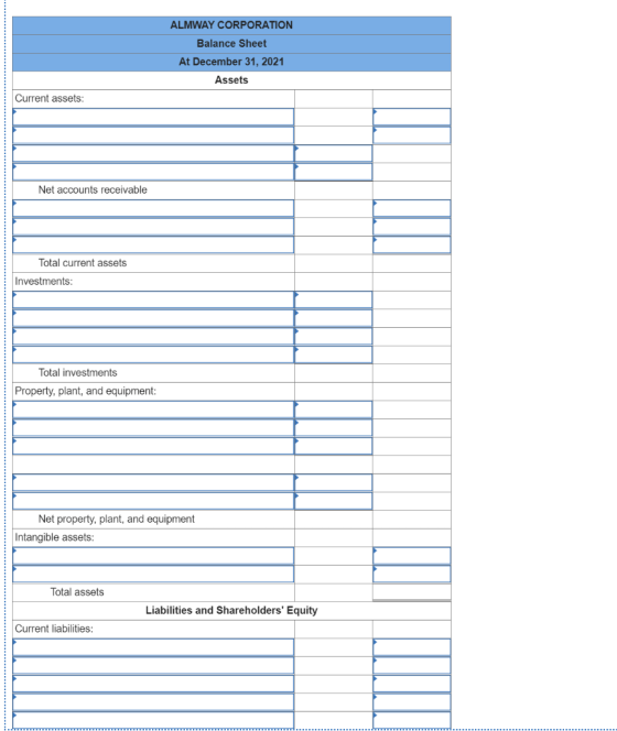 ALMWAY CORPORATION Balance Sheet At December 31, 2021 Assets Current assets: Net accounts receivable Total current assets Inv