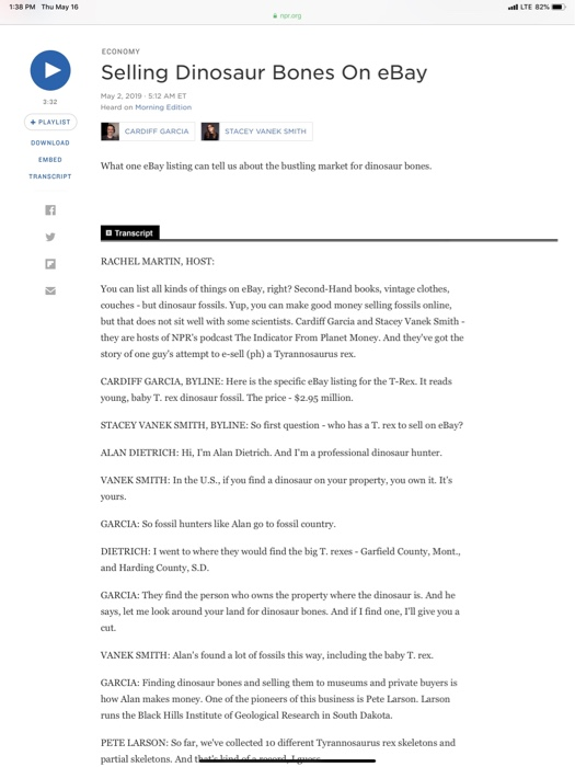 1:38 PM Thu May 16 LTE 82%- ECONOMY Selling Dinosaur Bones On eBay May 2, 2019 512 AM ET 3:32 Heard on Morning Edition PLAYLI