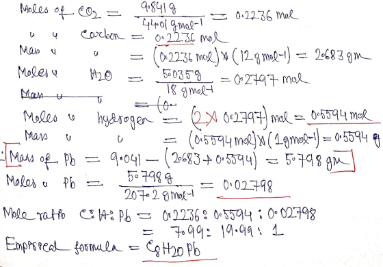 z o on 971 mol = 0.5594 mol Moles of CO2 = 98419 Floor moont = 0.4 0.2236 mol u u Carbon = 0.2236 mol Mars u u = (2236 mol )