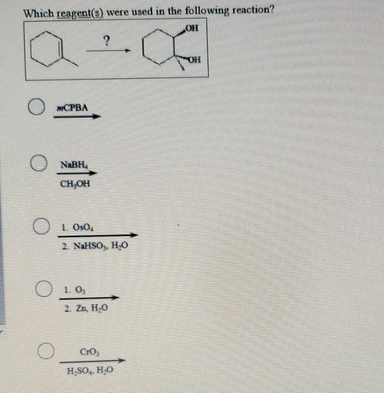 Which reagent(s) were used in the following reaction? ОН 2 ОН ОСРВА ONавн, CH,OH 01. Oso. 2. NaHSOHO 01.0, 2. Zn. Но C10 Нso.