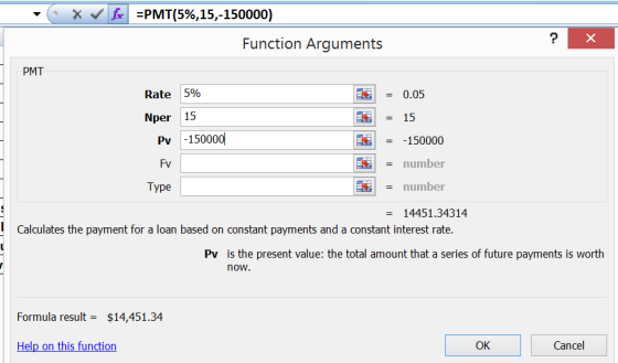 X for EPMT(5%,15,-150000) Function Arguments х 5% PMT Rate = 0.05 Nper Ek = 15 Pv -150000 = -150000 E = number Type = number