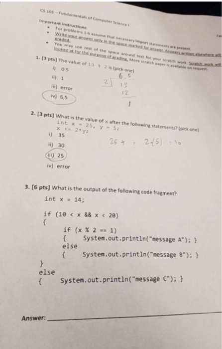 CS 101 - Fundamentals of Computer Important instructions . For problems 16 that ar e Write Y onin the more rade You may rest