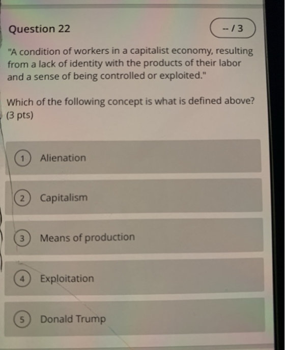 Question 22 -13 A condition of workers in a capitalist economy, resulting from a lack of identity with the products of their