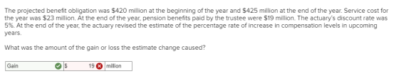 The projected benefit obligation was $420 million at the beginning of the year and $425 million at the end of the year. Servi
