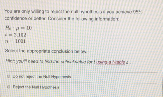 You are only willing to reject the null hypothesis if you achieve 95% confidence or better. Consider the following informatio