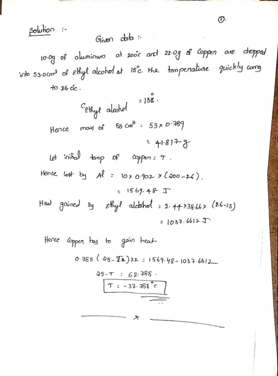 Given cho ave d o. of aluminun at soocard 22-Ja appen nlo 530 at 15 penalure uickly comg to 26 oc. ence moy of53 Cn353M o 81 Hence. lot b Heat lo37. 6612 J Hane er hes tin heah 0.385 ( &5-狂)22 1569-y8-1037.66 I 2- 二 35-т : 62, 88 ㄒ二-37·788で