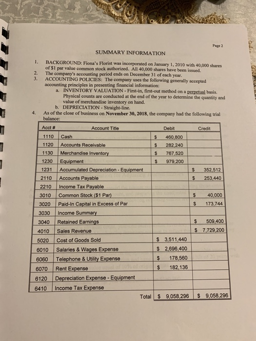 Page 2 SUMMARY INFORMATION Fionas Florist was incorporated on January 1, 2010 with 40,000 shares of $1 par value common stock authorized. All 40,000 shares have been issued The companys accounting period ends on December 31 of each year. ACCOUNTING POLICIES: The company uses the following generally accepted accounting principles in presenting financial information: 2. 3. . INVENTORY VALUATION- First-in, first-out method on a perpetual basis. Physical counts are conducted at the end of the year to determine the quantity and value of merchandise inventory on hand. b. DEPRECIATION - Straight-line. 4. As of the close of business on November 30, 2018, the company had the following trial balance: Acct # Account Title Debit S 460,800 $ 282,240 $ 767,520 S 979,200 Credit 1110 Cash 1120 Accounts Receivable 1130 Merchandise Inventory 1230 Equipment 1231 Accumulated Depreciation- Equipment 2110 Accounts Payable 2210 Income Tax Payable 3010 Common Stock ($1 Par) 3020 Paid-In Capital in Excess of Par 3030 Income Summary 3040 Retained Earnings 4010 Sales Revenue 5020 Cost of Goods Sold S 352,512 S 253,440 $ 40,000 S 173,744 $ 509,400 $ 7,729,200 $ 3,511,440 2696,400 $ 178,560 182,136 6010 Salaries & Wages Expense 6060 Telephone &Utility Expense 6070 Rent Expense 6120 Depreciation Expense -Equipment 6410 Income Tax Expense Total 9,058,296 $ 9,058,296