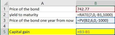 А B 1 Price of the bond 742.77 2 yield to maturity =RATE(7,0,-B1,1000) 3 Price of the bond one year from now !=PV(B2,690,-100